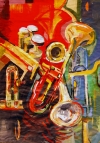 A cubist and futurist inspired painting of a trumpet